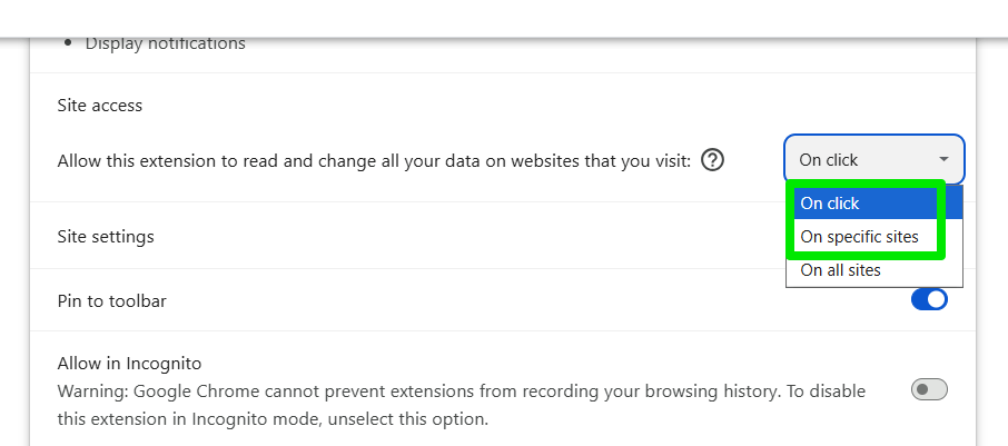 Options d'accès au site dans Chrome
