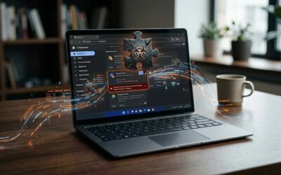 Laptop on a table with Chrome extensions page and a solid infect extension icon on display