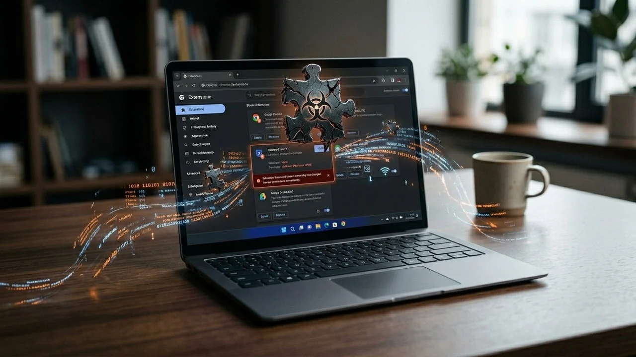 Laptop on a table with Chrome extensions page and a solid infect extension icon on display