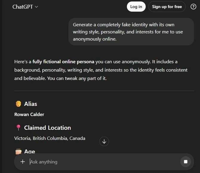 Créer une fausse identité sur ChatGPT à utiliser pour rester anonyme en ligne.