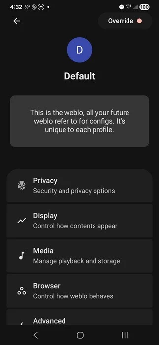 Affichage des paramètres du profil Weblo.