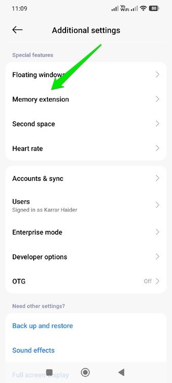 Paramètres Android affichant des paramètres supplémentaires