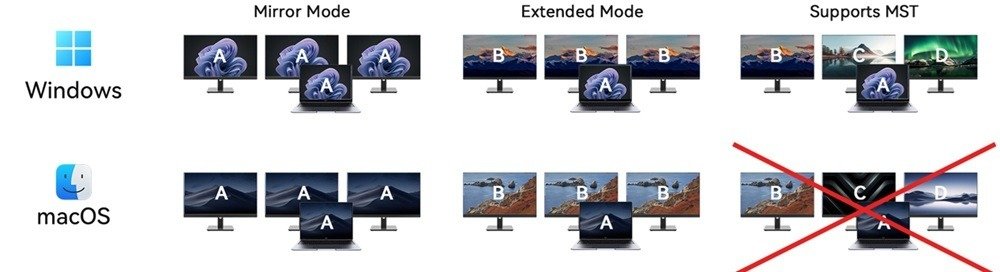 Exemples de modes d'affichage pour Windows et macOS.