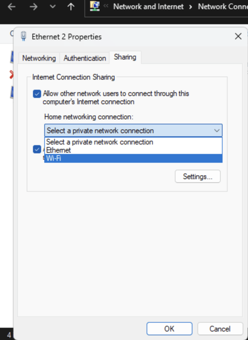 Partage de connexion Internet Windows