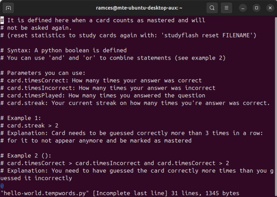 Un terminal affichant les options permettant de peaufiner l’algorithme de rappel pour StudyFlash.