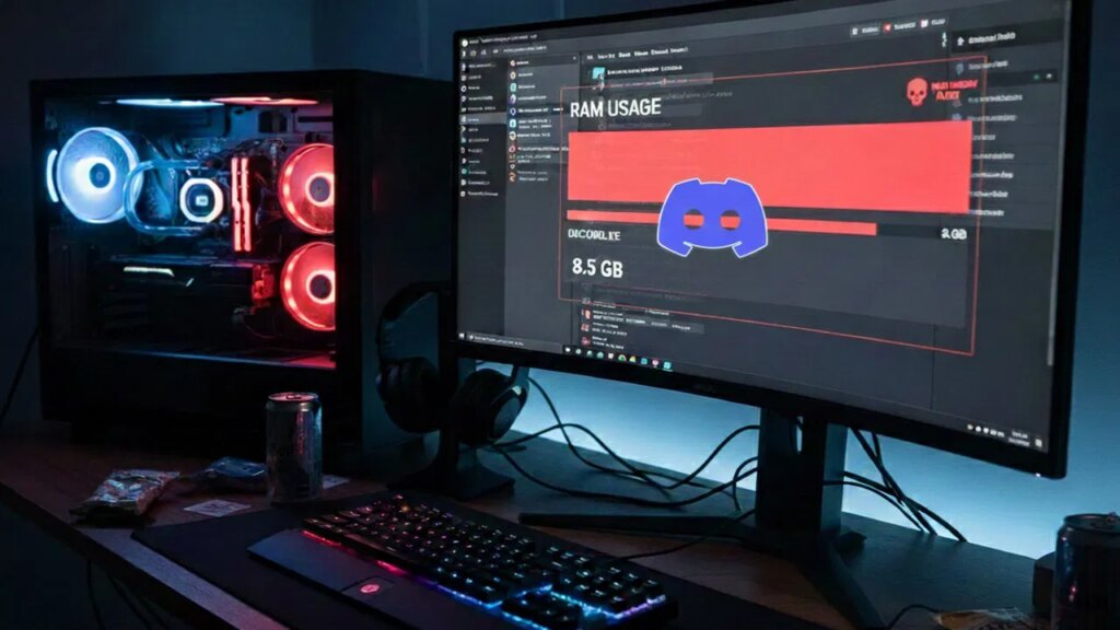 Desktop PC showing Discord interface with high RAM usage bar