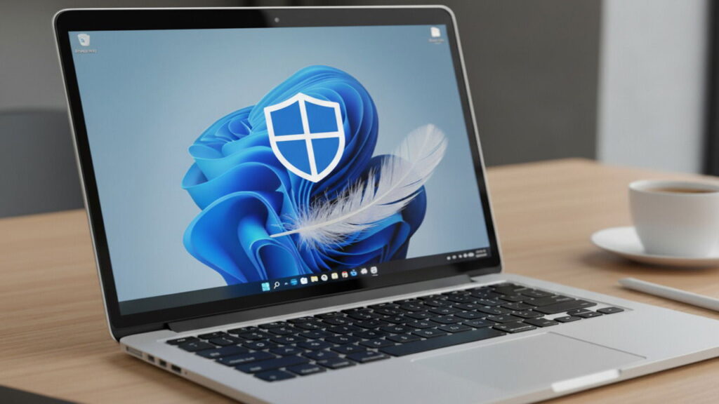 Windows 11 laptop on a table with a white feature on the screen