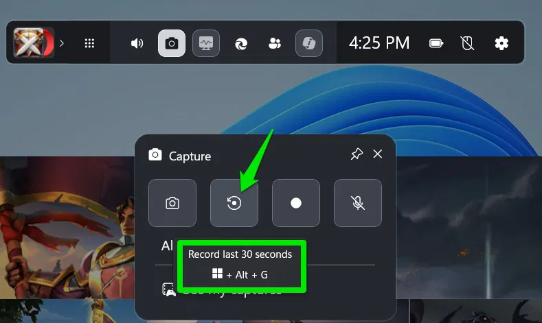 Fonctions d'enregistrement de ce qui se passe activées dans la barre de jeu