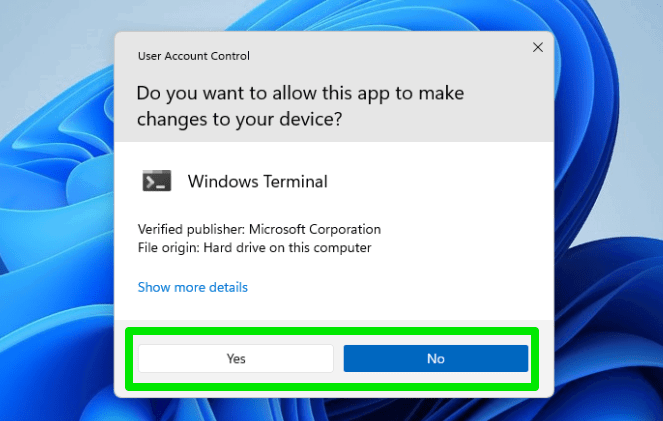 Invite UAC pour le terminal sous Windows