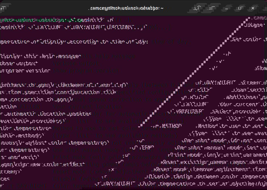 Un terminal montrant l'utilitaire de décalage vers le rouge fonctionnant correctement à Ubuntu.