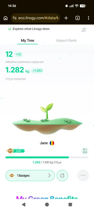 Visualisation des données écologiques après numérisation du code QR via le chargeur de batterie Linogy. Écran E-ink.