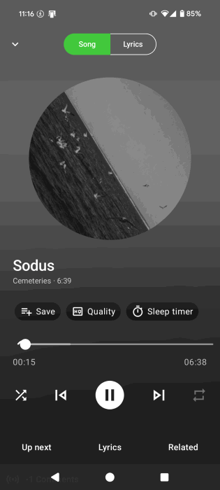 Vue de lecteur de la chanson dans l'application Simpmusic sur Android.