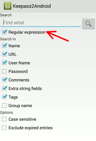 keepass2android-regular-expression-recherche Recherche dans Keepass2Android.