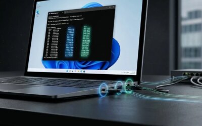 Windows 11 laptop with network wires in ports with a router behind