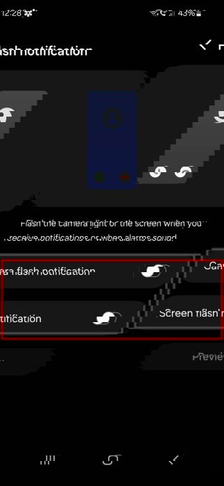 Notifications flash Options natives Android Samsung