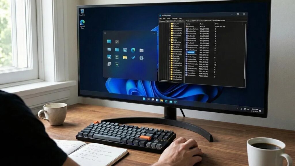 A man using a Windowns 11 desktop PC with Registry on display