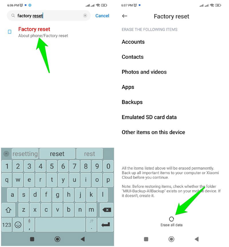 Page de réinitialisation d'usine Android