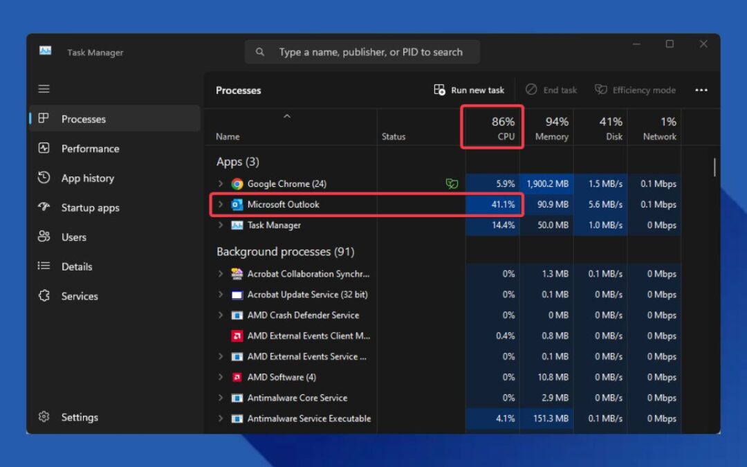 Comment corriger le problème de la pointe du processeur d'Outlook Classic sur Windows
