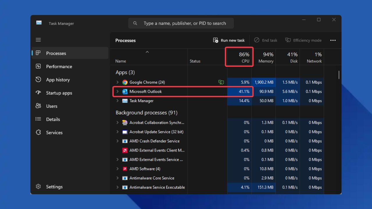 Outlook CPU Spike bug display on Task Manger