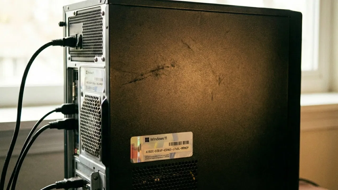 A desktop tower CPU with Windows 11 product key tag on its side
