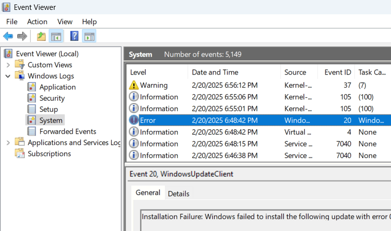 Vue d'événements Windows affichant les détails d'erreur