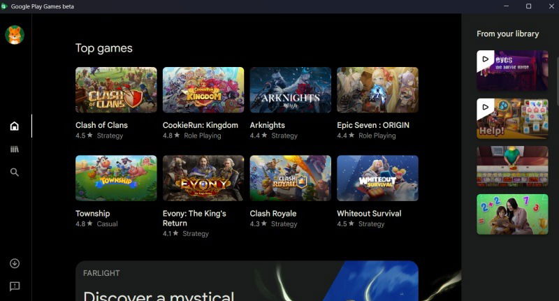 Exploration de jeux dans Google Play Games sur PC.