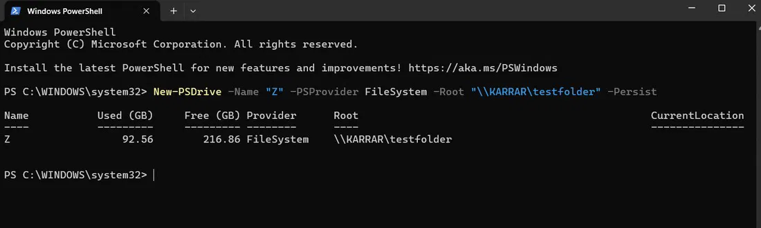 Exécution de la nouvelle commande Psdrive de PowerShell