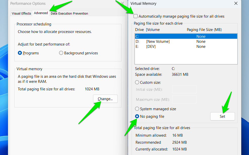 Désactivation du fichier d'échange sous Windows