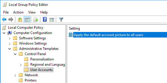 changer-l'icône-par défaut-win10-open-policy Paramètre de l’éditeur de stratégie de groupe local pour appliquer l’image de compte par défaut à tous les utilisateurs.