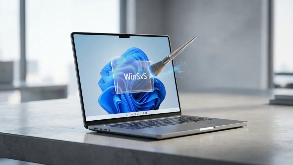 WIndows 11 laptop on a table with WinSxS folder representation on display with a brush