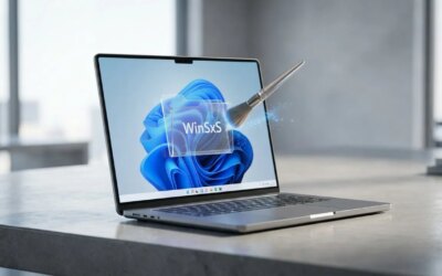 WIndows 11 laptop on a table with WinSxS folder representation on display with a brush