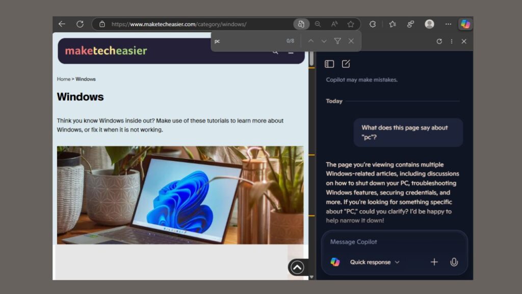 Copilot Suggestions in Edge Find On Page