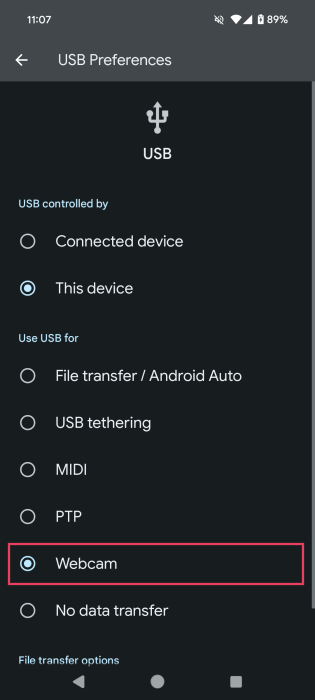 Sélection de WebCM dans les préférences USB dans un appareil Android.