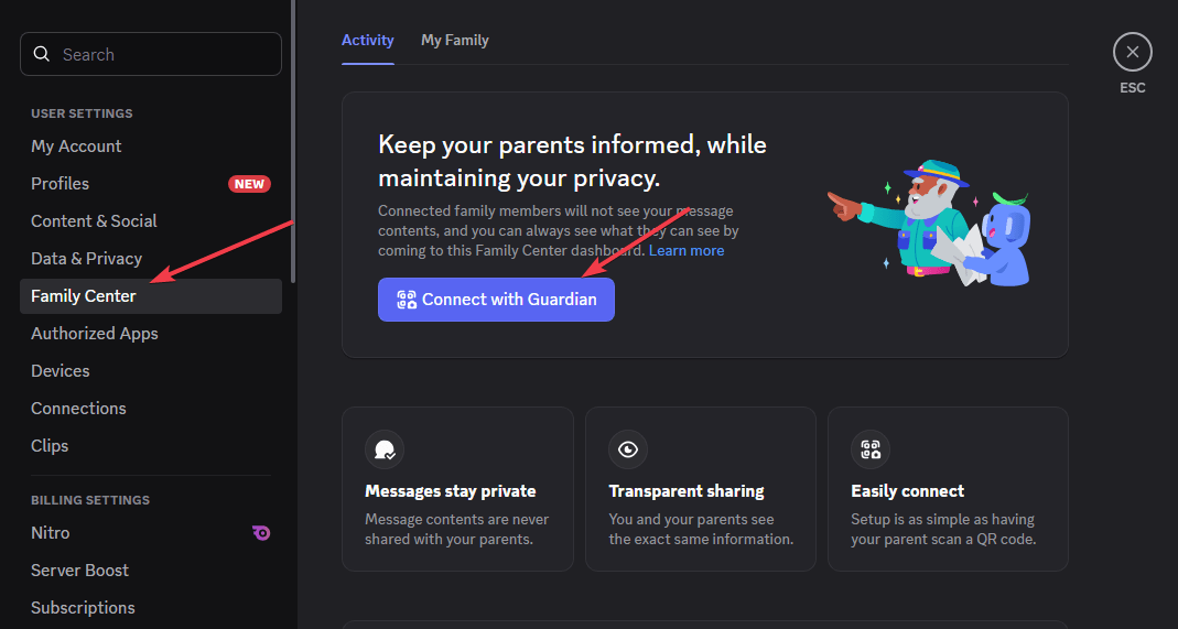 Discorde Connectez-vous avec Guardian