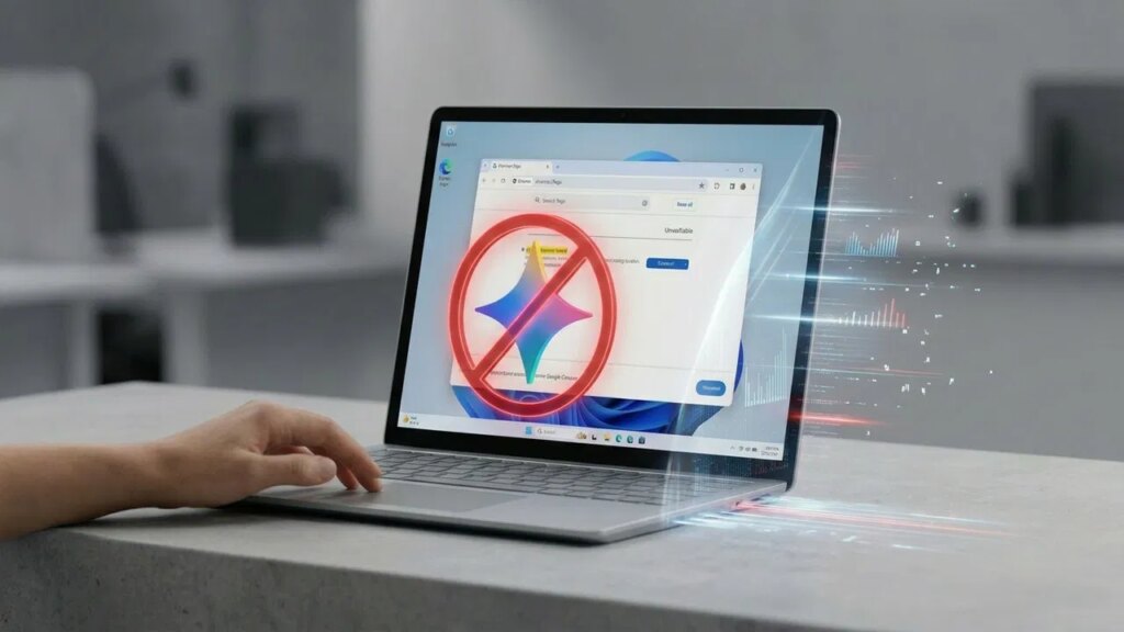 Windows 11 laptop on a table with a hand on keyboard. Display showing Chrome with Gemini block icon