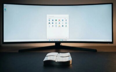 A curved display with a clean Windows 11 Start Menu open with ony pinned items showing