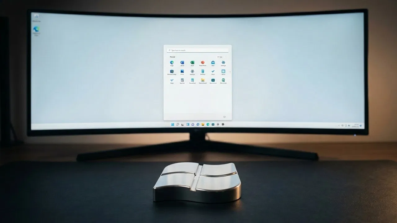 A curved display with a clean Windows 11 Start Menu open with ony pinned items showing