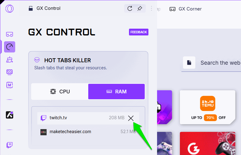 Opera GX Hot Tab Killer Killing Twitch Tab