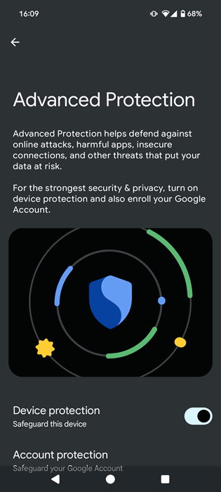 Activation de la protection Android Advanced Device sur les périphériques sur le périphérique Android 16.