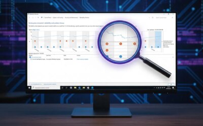 Reliability Monitor interface on a monitor with a magnifying glass on it