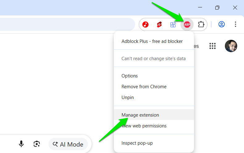 Option Gérer l’extension dans Chrome
