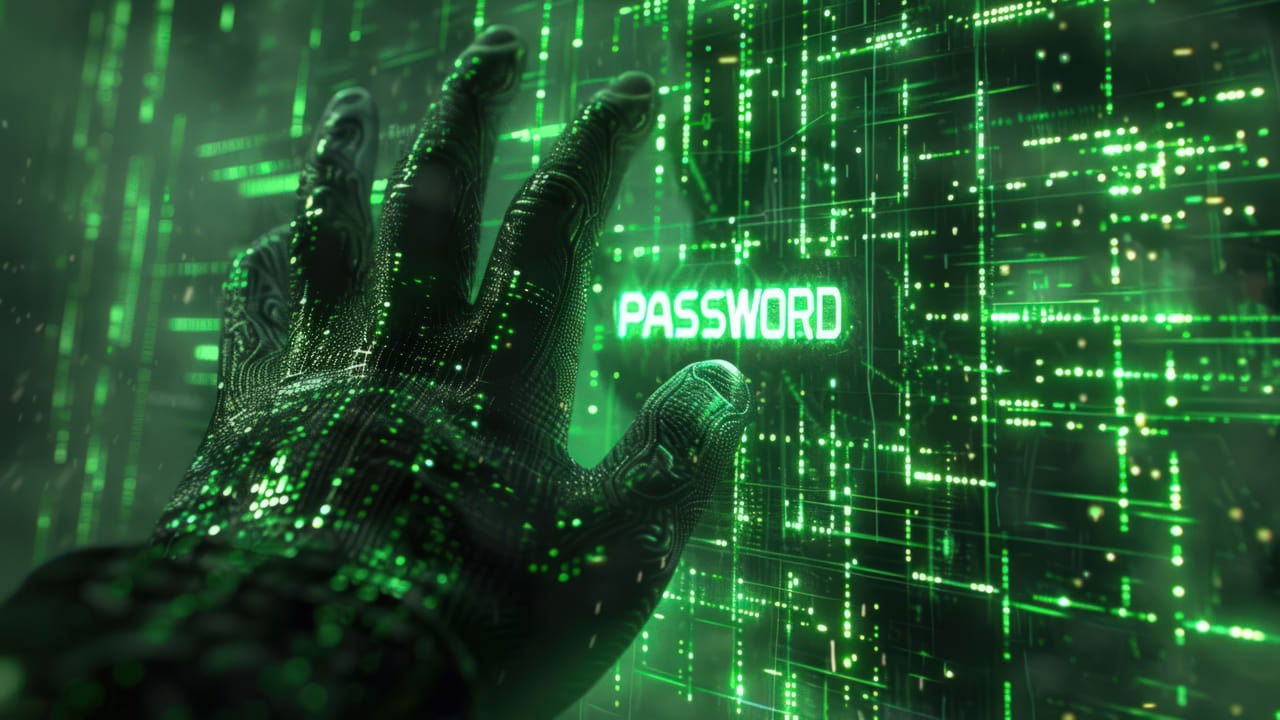 Hand reaching in digital screen to grab password