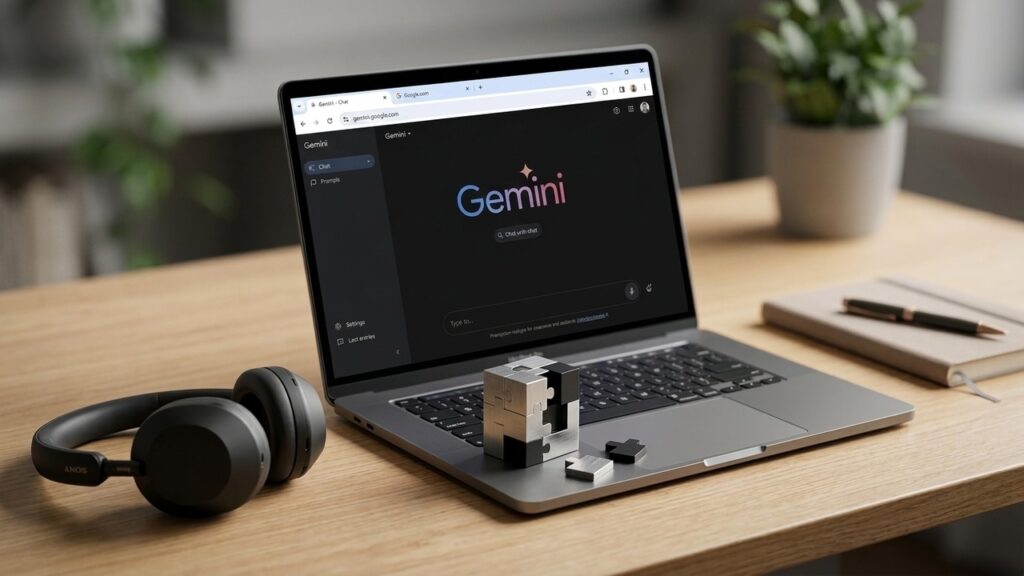 Laptop on a table with Gemini open and a broken puzzle box on keyboard