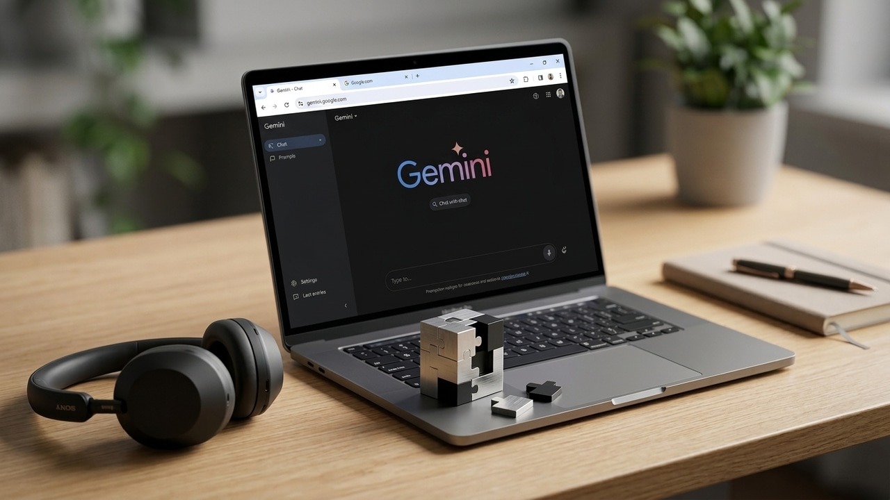 Laptop on a table with Gemini open and a broken puzzle box on keyboard