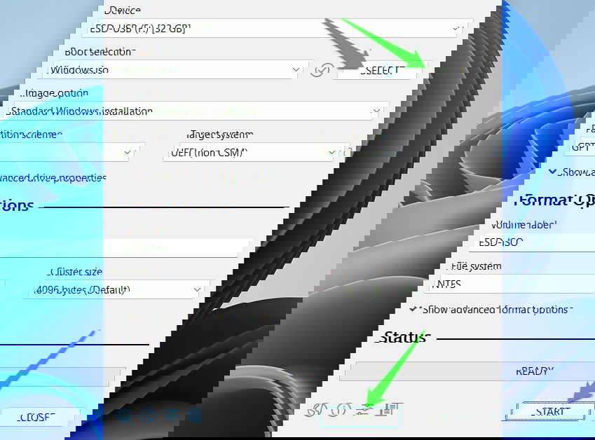 Interface Rufus avec Windows 11 ISO chargé