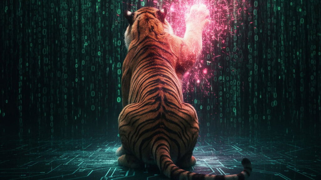 A red tiger putting his paw on a stream of data