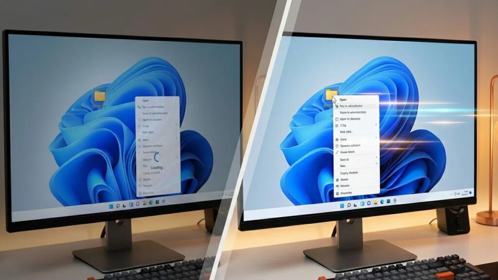 Side by side Windows 11 Desktop PCs showing fast and slow context menus