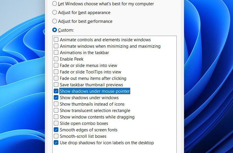 Options de performances Windows avec effets visuels désactivés