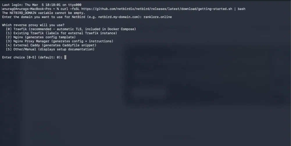 Script Netbird exécuté dans le terminal