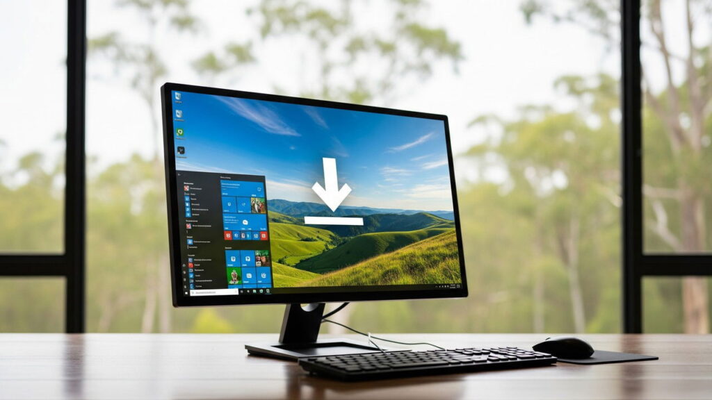 Windows 10 Desktop PC on a table with nature background and download icon on screen